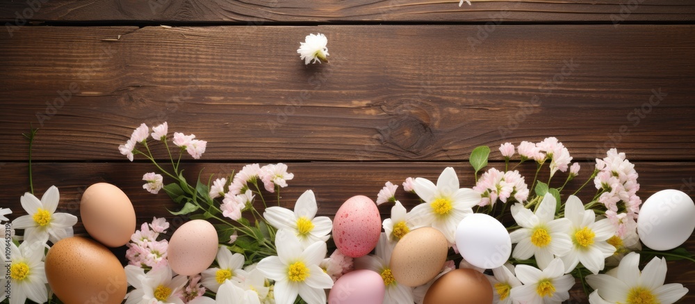 Aufkleber spring flat lay with colorful eggs and fresh flowers on a rustic wooden background for easter celebr