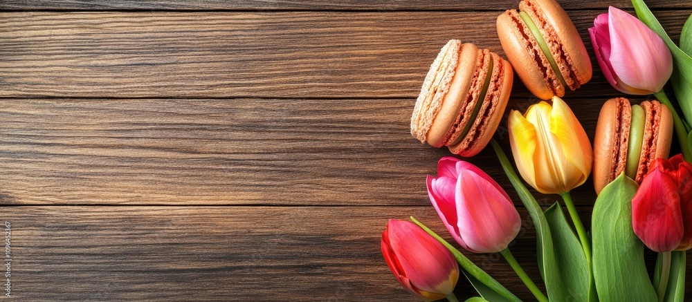 Poster colorful macarons and fresh tulips arranged on a rustic wooden table with plenty of copy space for t