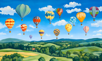 Obraz premium A vibrant scene of colorful hot air balloons soaring over lush green hills and blue skies.