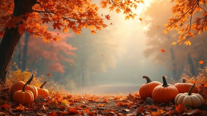 A forest with pumpkins and trees in the background a thanksgiving theme