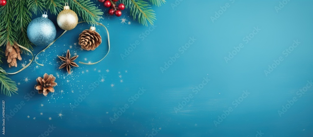 Aufkleber christmas holiday decorations with fir tree branches and ornaments on blue background viewed from ab