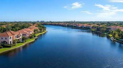 Obraz premium Scenic waterfront view of tranquil homes along a beautiful blue canal.