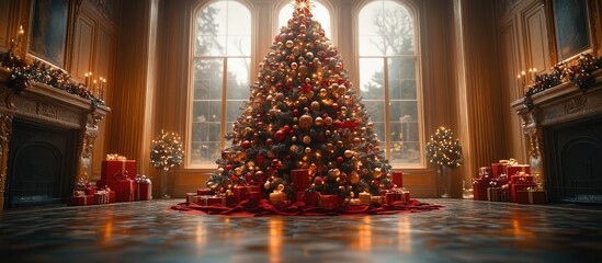 Fototapeta premium Elegant Christmas tree adorned with ornaments and lights in a grand hall surrounded by beautifully wrapped gifts and festive decor.