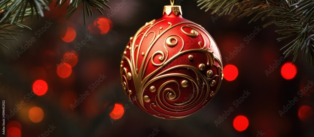 Aufkleber elegant red ornament hanging on a festive christmas tree with twinkling lights creating a warm holid