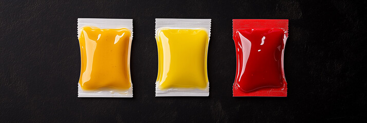  Glossy Condiment Packets on Black Background