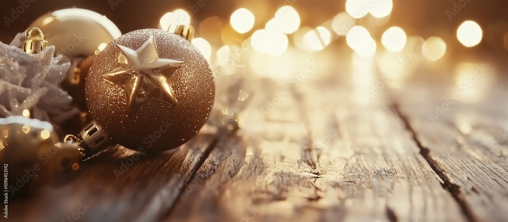 Poster christmas ornaments on a rustic wooden surface with warm bokeh lighting creating a festive and cozy 
