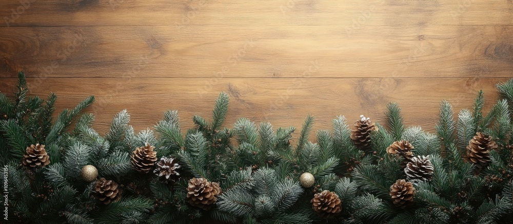 Poster christmas decorations with pine cones and fir branches on a rustic wooden background creating a fest
