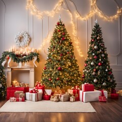 Cozy Christmas-Themed Photo Backdrop with Decorated Tree, String Lights, and Festive Decorations

