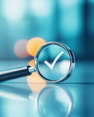 A close-up of a magnifying glass displaying a checkmark, symbolizing validation, clarity, and attention to detail in a soft-focus background.