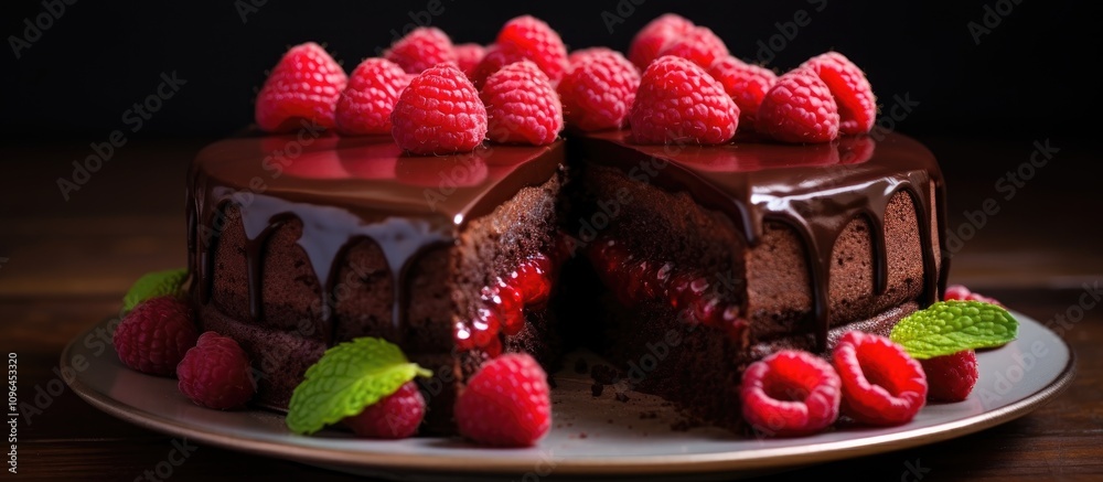 Aufkleber Delicious chocolate cake layered with raspberry filling and topped with fresh raspberries on a rustic wooden table.