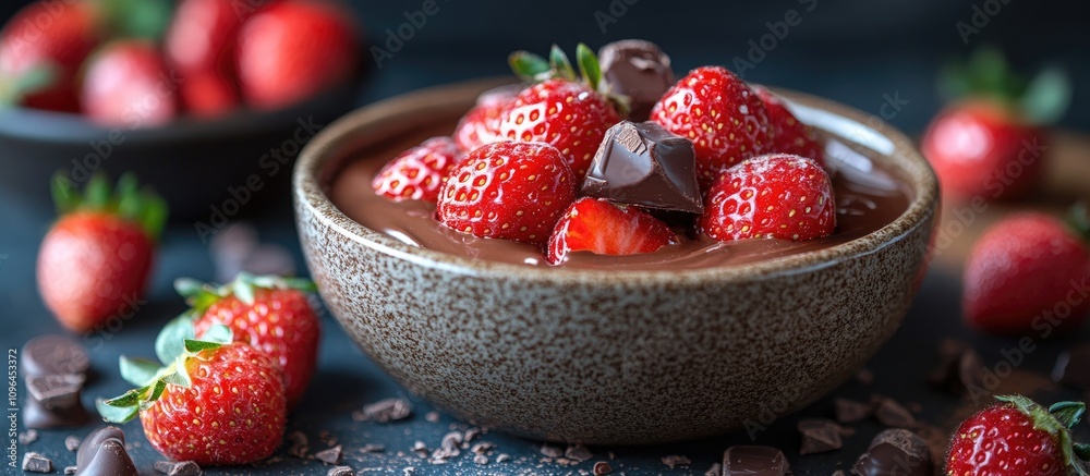 Poster delicious dessert with fresh strawberries and chocolate in a rustic bowl captured in a flat lay styl