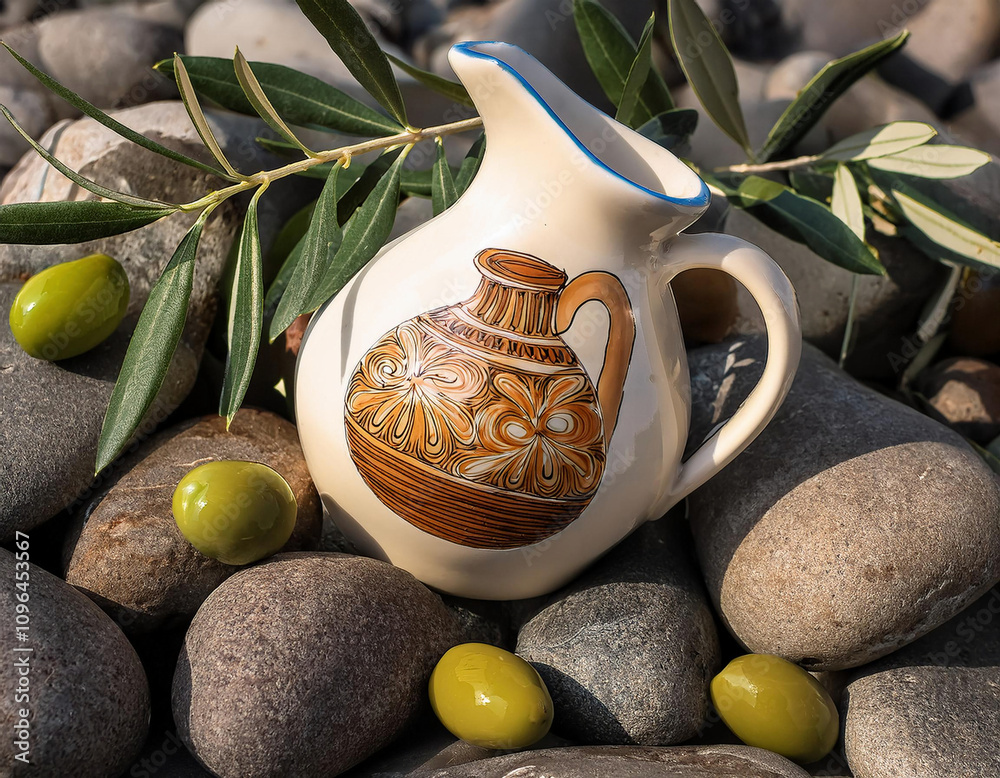 Wall mural A decorative white ceramic pitcher with a brown ancient Greek-style amphora design is surrounded by beach pebbles and fresh green olives with leaves.