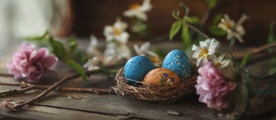 Obraz premium Easter eggs arranged in a natural nest surrounded by vibrant spring flowers on a rustic wooden surface