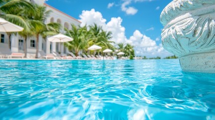 Fototapeta premium a large swimming pool with a fountain in the middle of it surrounded by lush palm trees and umbrellas, with a building in the background and a clear blue sky above