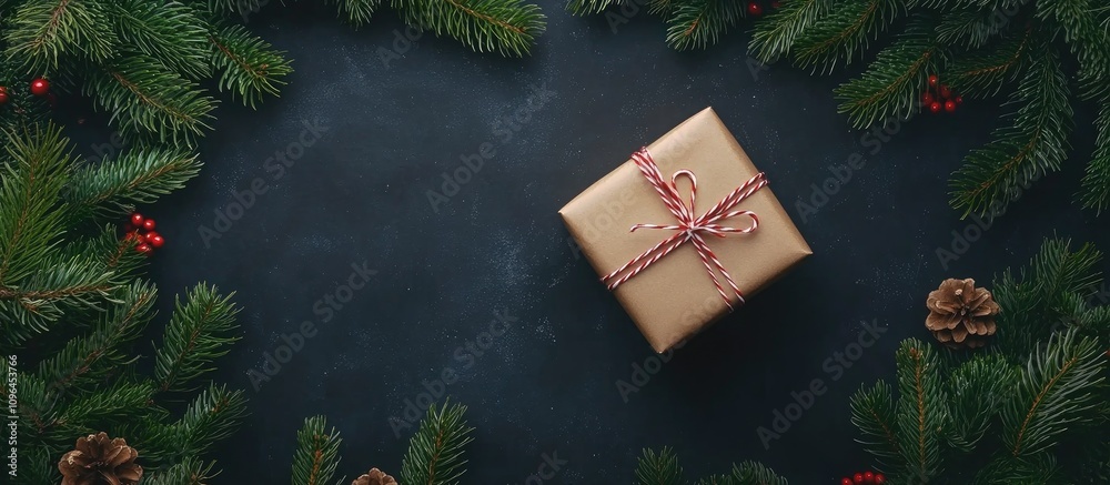 Poster christmas gift box surrounded by fir tree branches and pine cones on a chalkboard background with bl