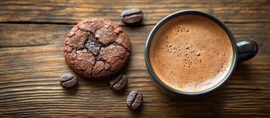 Coffee cup with chocolate cookie and coffee beans on rustic wooden background, ideal for cozy food and beverage promotional content