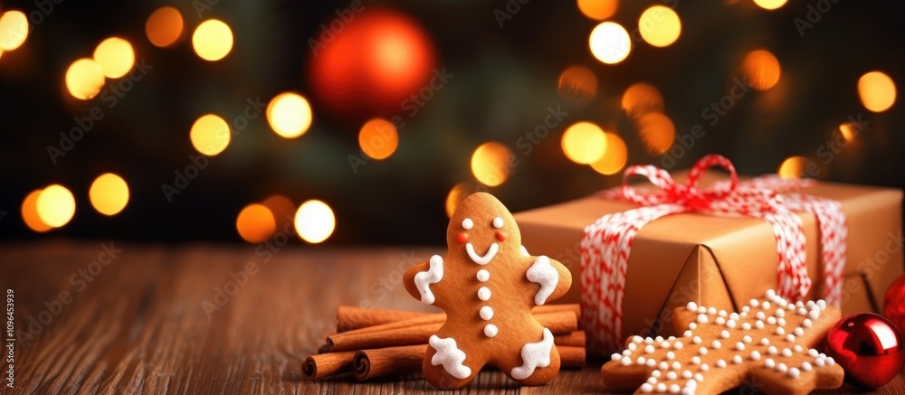 Poster gingerbread cookies with festive decorations gift box and cinnamon on wooden table with bokeh lights