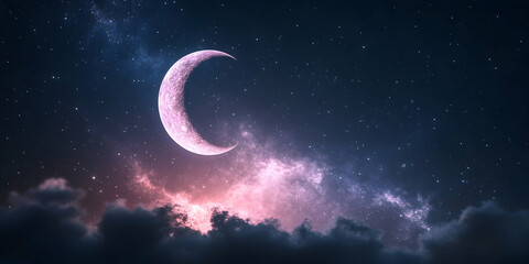 Crescent Moon Glows Above Starry Night Sky,  Cosmic Clouds Dreamlike Background Illustration