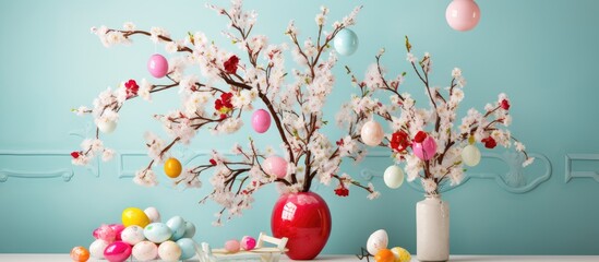 Easter decorations with cherry tree blossoms and vibrant eggs in a modern setting for festive spring celebration themes.