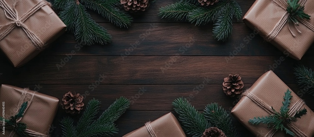 Poster christmas gifts in craft paper arranged with spruce branches and pine cones on a wooden surface crea