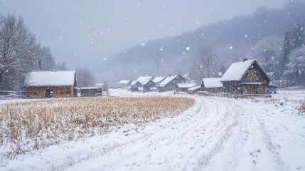 Snowy Village Houses Winter Landscape Scene