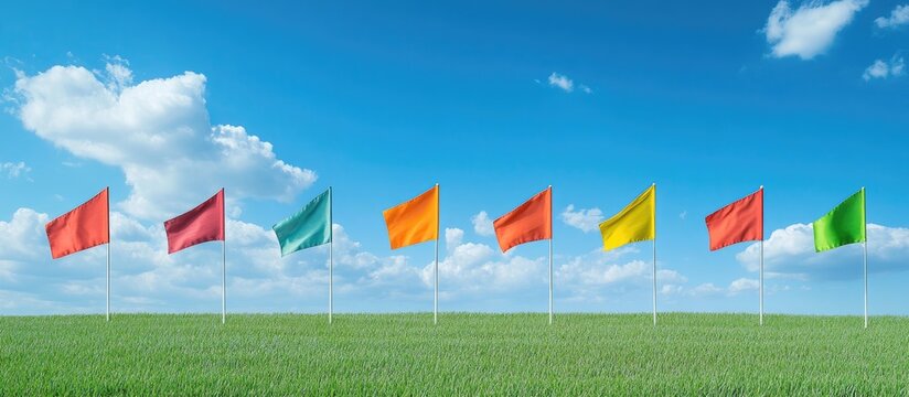 Colorful flags waving in the breeze against a vibrant blue sky and fluffy clouds over a lush green field showcasing a serene outdoor scene