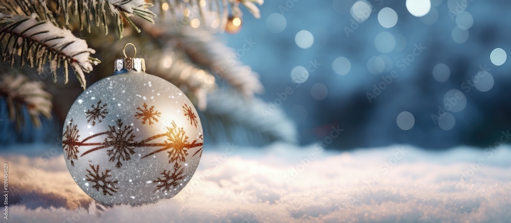 Poster Silver Christmas ball adorned with snowflakes on snow-covered fir tree branches with a bokeh background creating a festive atmosphere.