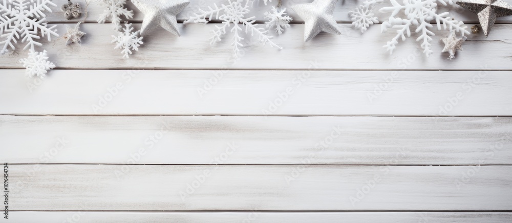 Poster Rustic Christmas background with white wooden texture decorated with stars and snowflakes creating a festive atmosphere and ample copy space