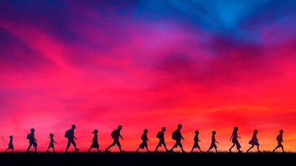 Fototapeta premium a group of people walking across a field at sunset, with the sky in the background painted in a beautiful array of oranges, pinks, and purples The people are silho