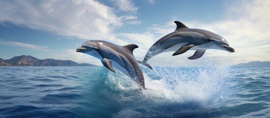 Obraz premium Dolphins jumping gracefully above the ocean surface against a scenic coastal backdrop during a boat ride adventure
