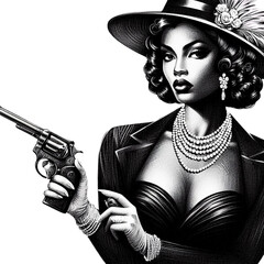 A glamorous woman dressed elegantly, holding a revolver, exuding vintage charm with a femme fatale theme. She was created in a scratchboard style, resembling a black-and-white sketch engraving,