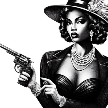 recommend clip art: A glamorous woman dressed elegantly, holding a revolver, exuding vintage charm with a femme fatale theme. She was created in a scratchboard style, resembling a black-and-white sketch engraving,