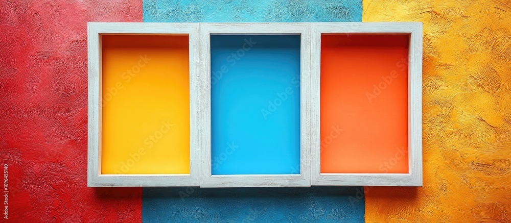 Aufkleber White wooden frame arranged on a vibrant multicolored backdrop ideal for artistic display and copyspace mockup concepts