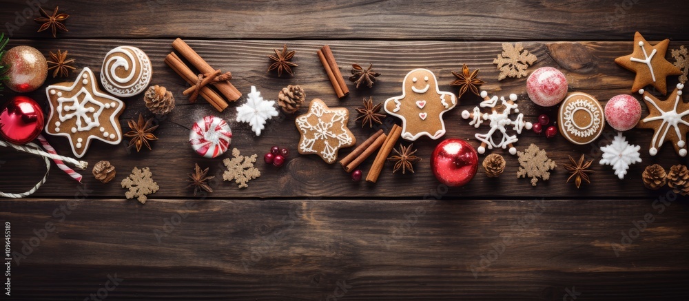 Poster festive arrangement of gingerbread cookies spices and ornaments on a wooden table with space for a h