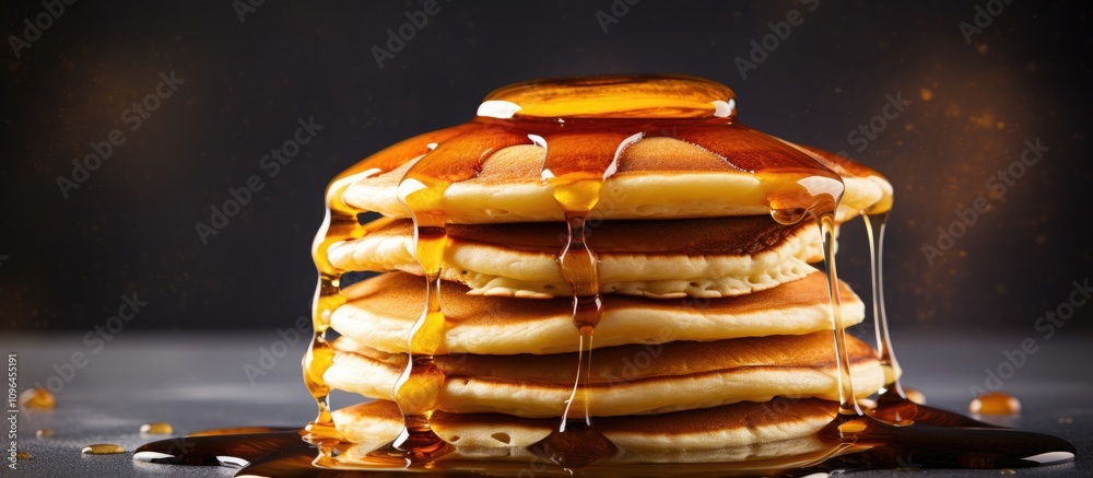 Aufkleber stacks of fluffy homemade pancakes drizzled with golden syrup set against a neutral backdrop with am