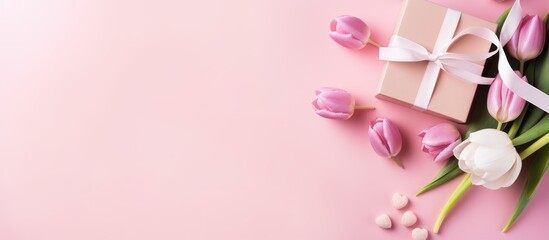 Fototapeta premium Happy Mothers Day celebration with heart shaped tulip flowers and gift box on soft pink background aerial flat lay arrangement
