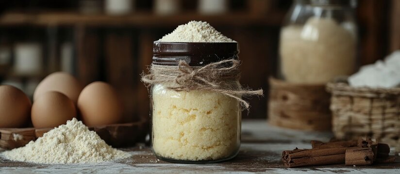 Semprong cake ingredients in a jar featuring flour sugar eggs with rustic decor highlighting the preparation of a traditional snack