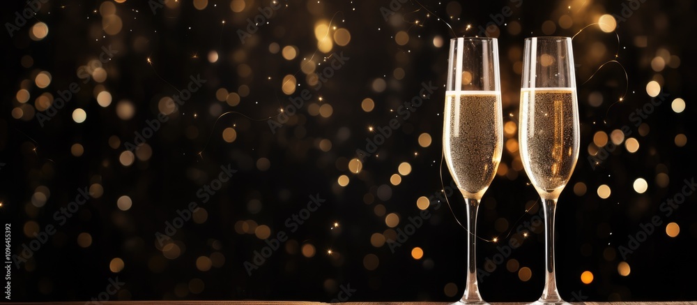 Poster Elegantly styled champagne flutes with sparkling backdrop ideal for celebrations and festive occasions representing luxury and joy