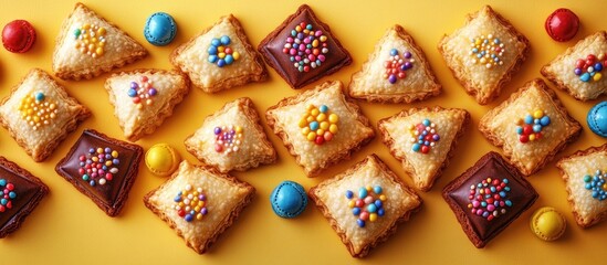 Colorful homemade hamantaschen cookies with festive candies and masks arranged on a vibrant yellow background for holiday celebrations