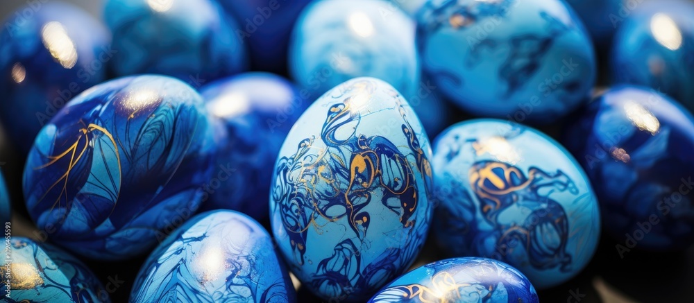 Poster elegant assortment of decorative blue easter eggs featuring intricate designs and textures set again