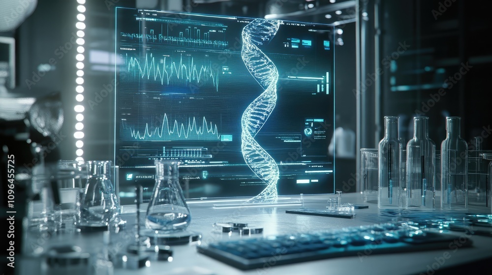 Poster ai analyzing human genomics with holographic dna visualizations in a lab setting conceptual renderin