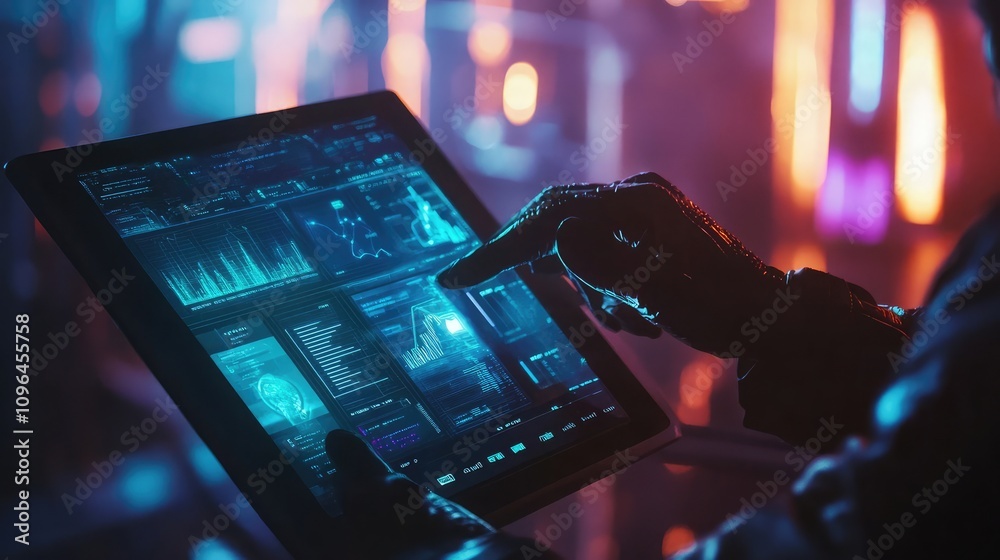 Poster ai assistant interacting with a smart tablet displaying complex analytics and real-time data futuris