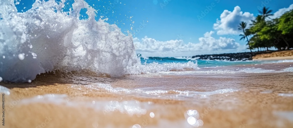 Poster close up view of ocean waves breaking on golden sandy beach under bright blue sky with fluffy clouds