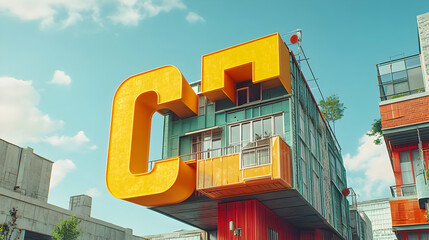 Naklejka premium Vibrant Yellow Letter C Adorns Colorful Building Exterior, Creating Bold Architectural Design Statement