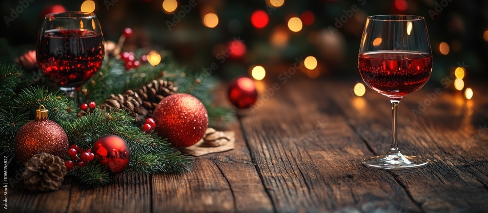Poster elegant christmas table setting with red wine glasses and festive decorations on rustic wooden backg