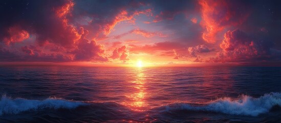 Fototapeta premium Vibrant sunrise and sunset over the ocean with dramatic clouds and shimmering waves reflecting warm colors in a serene landscape