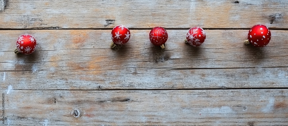 Aufkleber christmas ornaments arranged on rustic wooden background with plenty of negative space for text or p