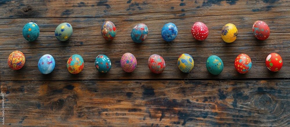 Poster colorful painted easter eggs arranged on rustic wooden table surface with space for text and adverti