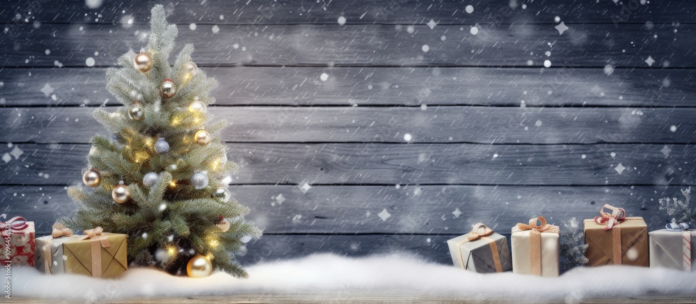Poster Christmas fir tree with snow and gift boxes on rustic wood surface creating a cozy holiday atmosphere with ample copy space for text