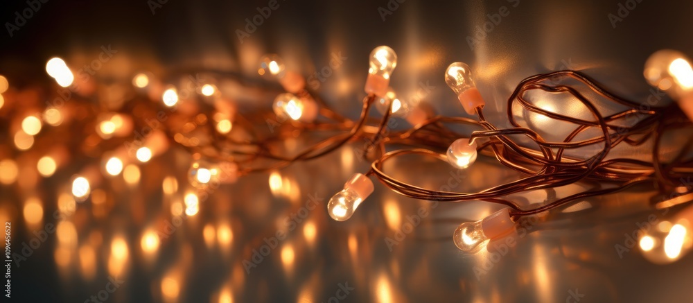 Aufkleber Close up of glowing LED fairy lights on a flexible copper wire creating a warm and inviting ambiance in a dark setting